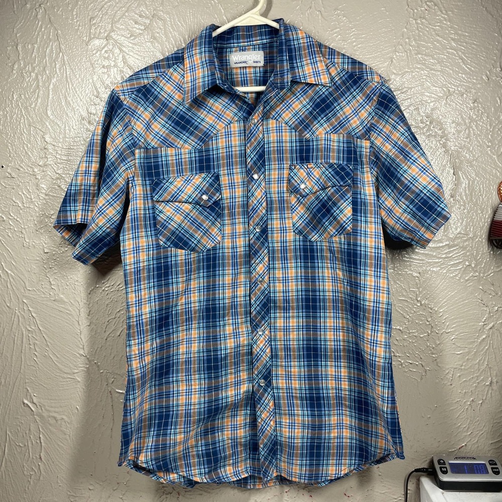 Wrangler Wrancher Western Shirt Mens Short Sleeve Plaid Pearl Snap